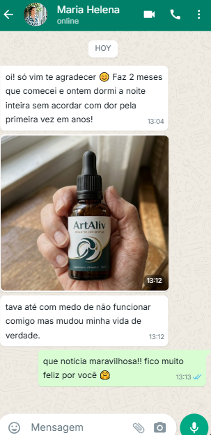 Print de conversa de WhatsApp: Maria Helena agradecendo, diz que depois de 2 meses voltou a dormir a noite inteira sem dor pela primeira vez em anos
